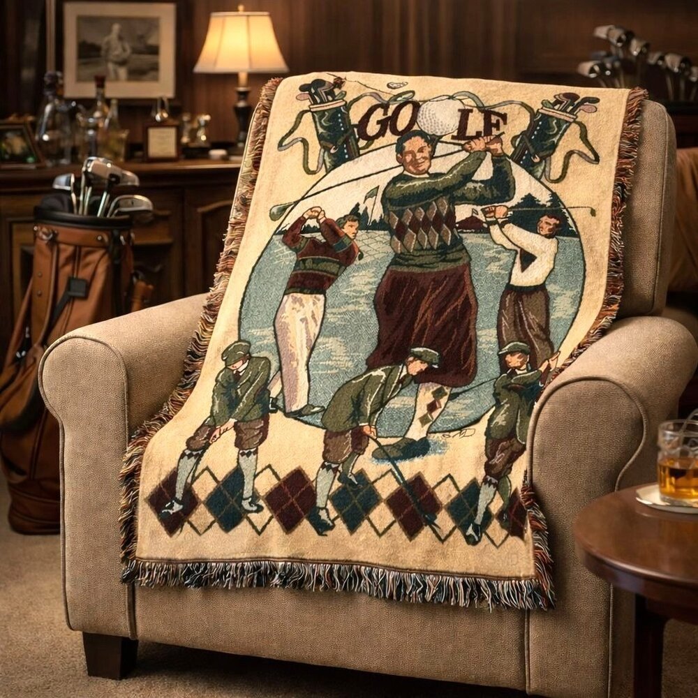 VTG Golf Tapestry Throw Blanket Fringed Woven Golfer Scene Cottage Cabin Deco